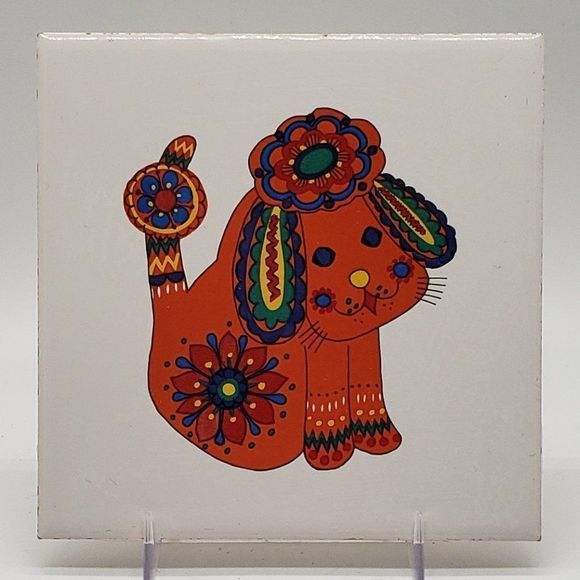 AK Kaiser Vintage German 1970s Colourful Dog Design Porcelain Tile or Trivet - Picture 1 of 10